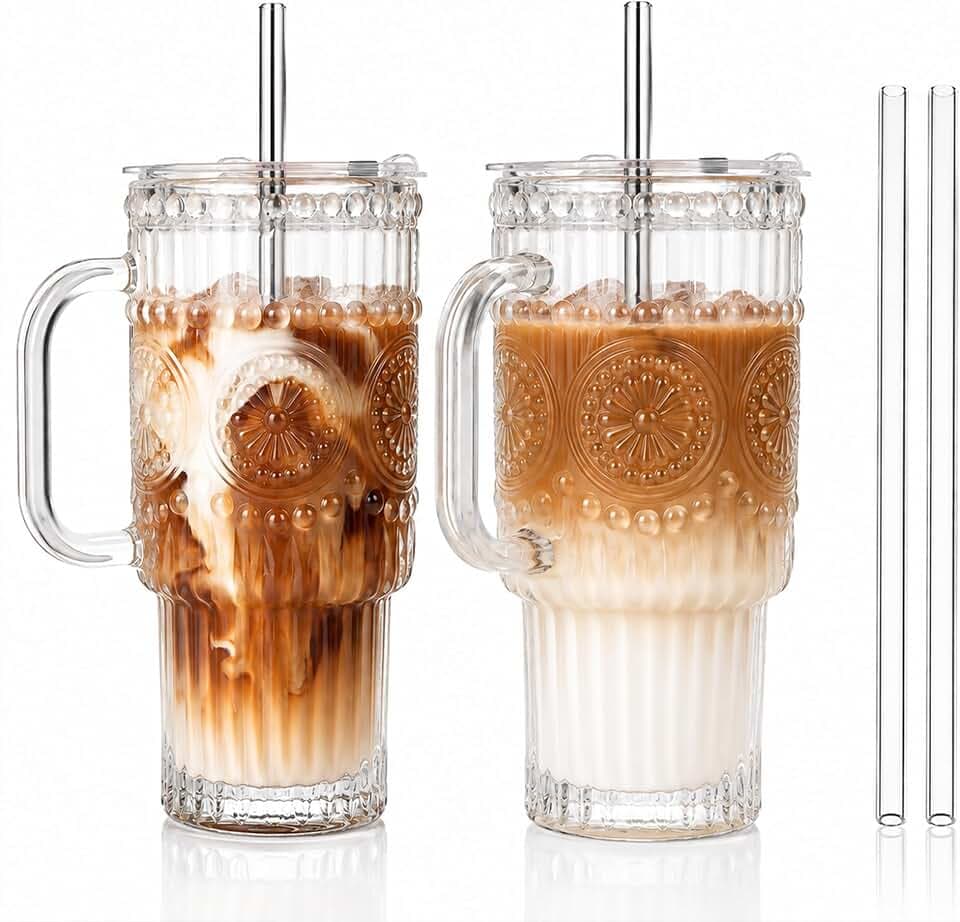 Small Capacity Thick Romantic Glass Cups with Lids and Straws, Vintage Leak Proof Retro Glass Tumblers with Handle–18 oz Reusable Iced Coffee Cups with Lids 2 Pack