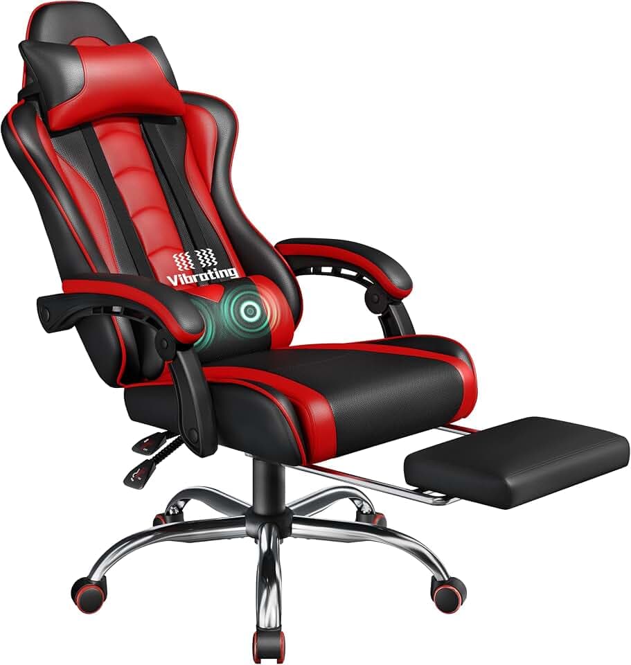 Yaheetech Ergonomischer Gaming-Stuhl, Massagestuhl, neigbar, mit Fußstütze, Kopfstütze und Lendenwirbelstütze, gepolsterte Armlehnen aus Kunstleder, Gaming-Stuhl mit drehbaren Rollen, Rot