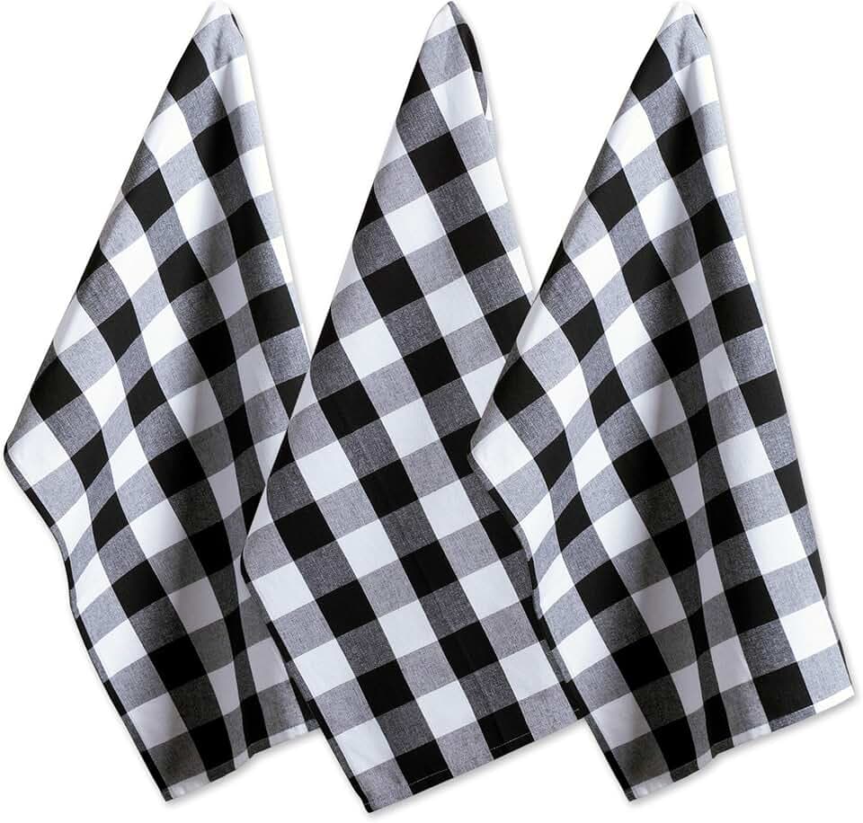 DII Buffalo Check Kitchen Collection, Classic Farmhouse Dishtowel Set, 20x30, Black & White, 3 Piece
