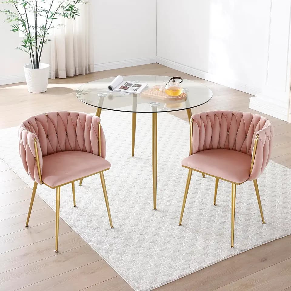 KEIKI Modern Velvet Dining Chairs Set of 2, Upholstered Woven Accent Dining Chairs with Gold Metal Legs, Tufted Back, Kitchen & Dining Room Chairs for Living Room, Bedroom, Vanity, Pink