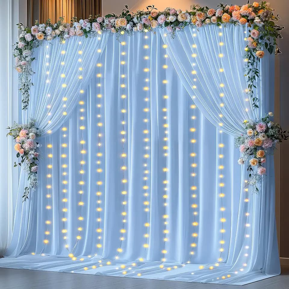10 x 10 Baby Blue Backdrop Curtains with Lights String for Party