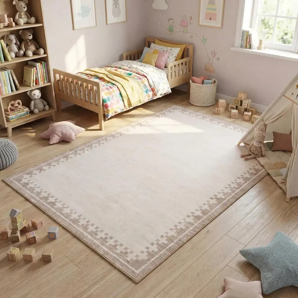 Modern Bordered Entryway Rug 4x6 Non Slip Washable Rug Soft Non-Shedding Thin Floor Mat Low Pile Stain-Resistant Indoor Carpet Neutral Throw Rugs for Kids Bedroom Dining Room Nursery Beige