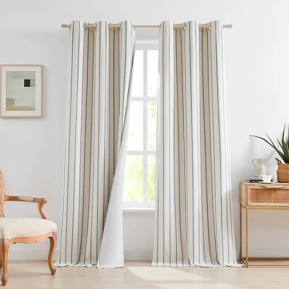 Dusty Blue Stripe Blackout Grommet Curtains 95 Inches Long