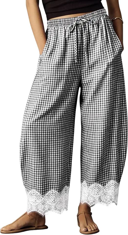 Womens Lace Trim Gingham Barrel Pants Wide Leg Elastic Drawstring Waist Lounge Pants Plaid Trousers with Pockets