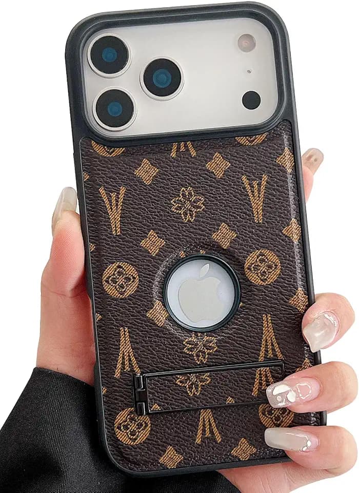 Compatible with iPhone 17 Pro Case Luxury Designer for Women Girls,Hybrid TPU+PU Leather with Foldable Kickstand Logo View Protective Phone Cover for iPhone 17 Pro - 6.3 inch (Brown)