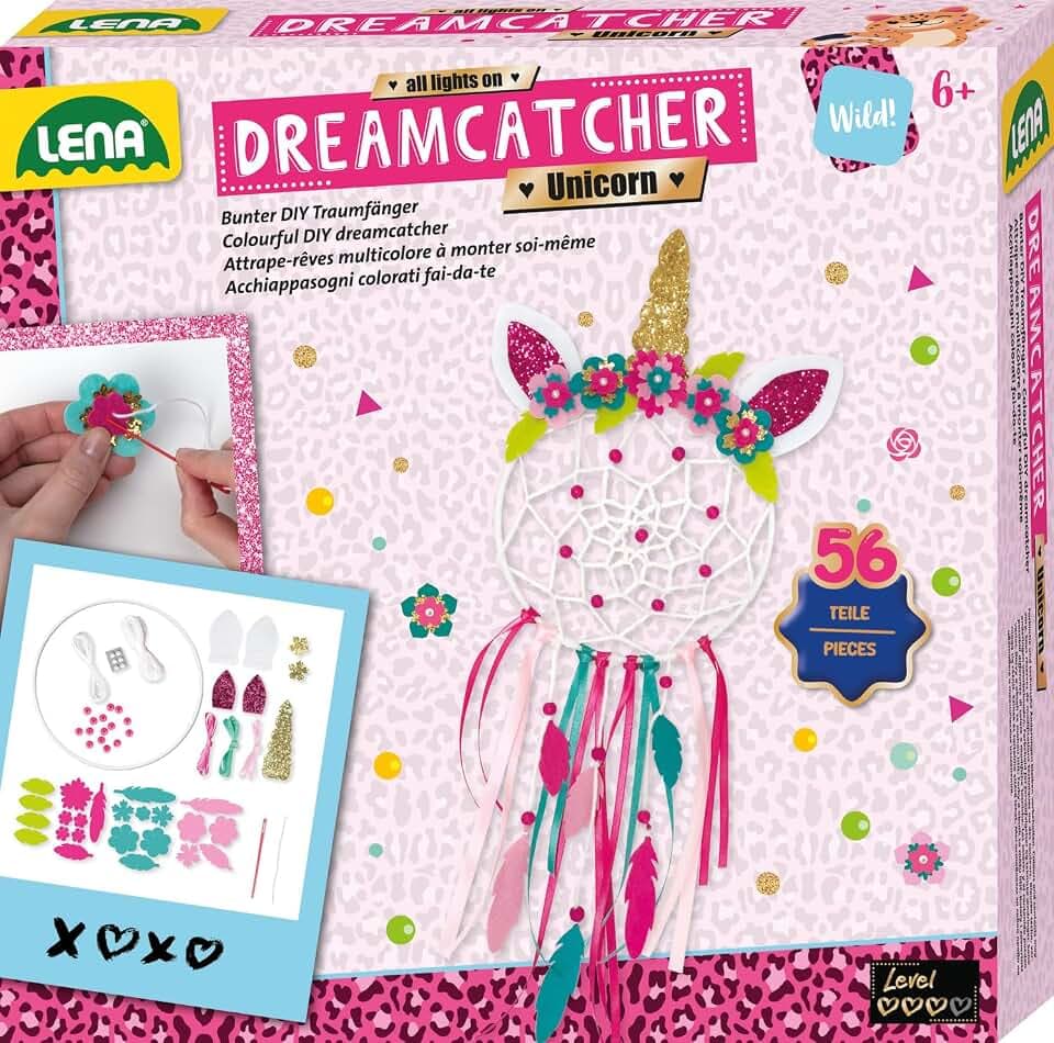 Lena 42701 Dreamcatcher Einhorn - Traumfänger Bastelset für Kinder ab 6 Jahren, Kreativ werden und Traumfänger basteln, Mit bunten Perlen, Farbwolle & weiteren Deko-Elementen
