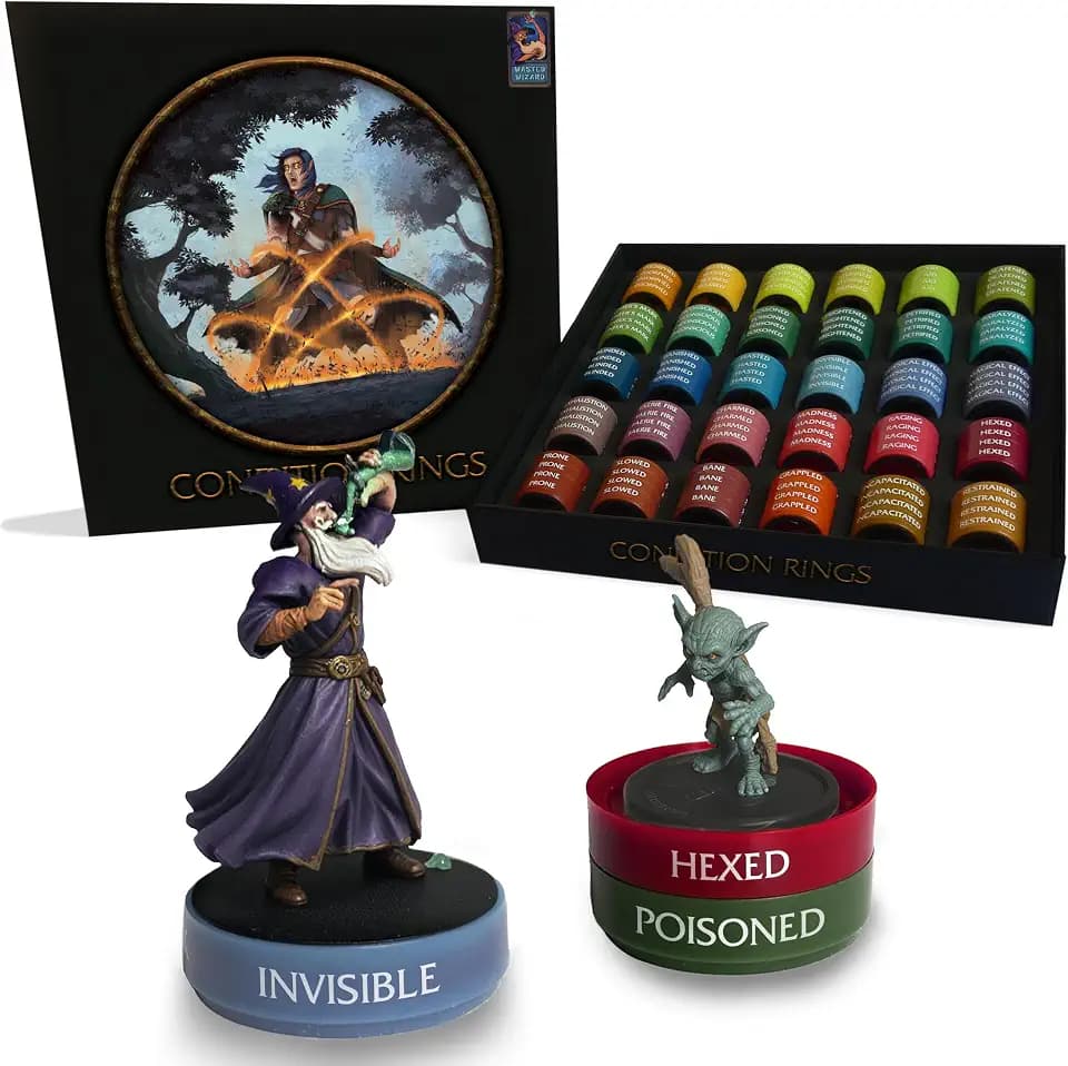 WASTED WIZARD Stackable DND Condition Rings. 120 Pieces Divided by 30 Different statuses and Spells. These D&D Accessories are Compatible with Pathfinder and Dungeons and Dragons Miniatures.