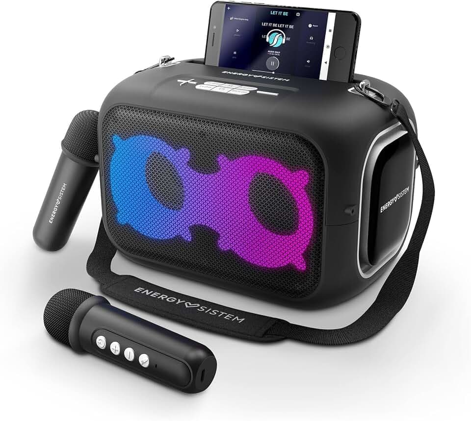 Energy Sistem Karaoke Star Party Karaoke Lautsprecher Bluetooth 5.4 50W mit 2 Mikrofonen LED Lichter MP3 Player USB microSD FM Radio IPX4 kabelloser Speaker Akku 8h Party Lautsprecher schwarz