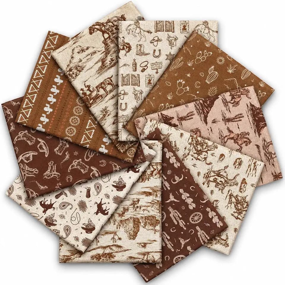 Whaline 10Pcs Western Cowboy Cotton Fabric Bundles Cowboy Hat Boots Cactus Horses Fat Quarters Brown Beige Sewing Fabrics for Wild West DIY Craft Party Decor, 18 x 22 Inch