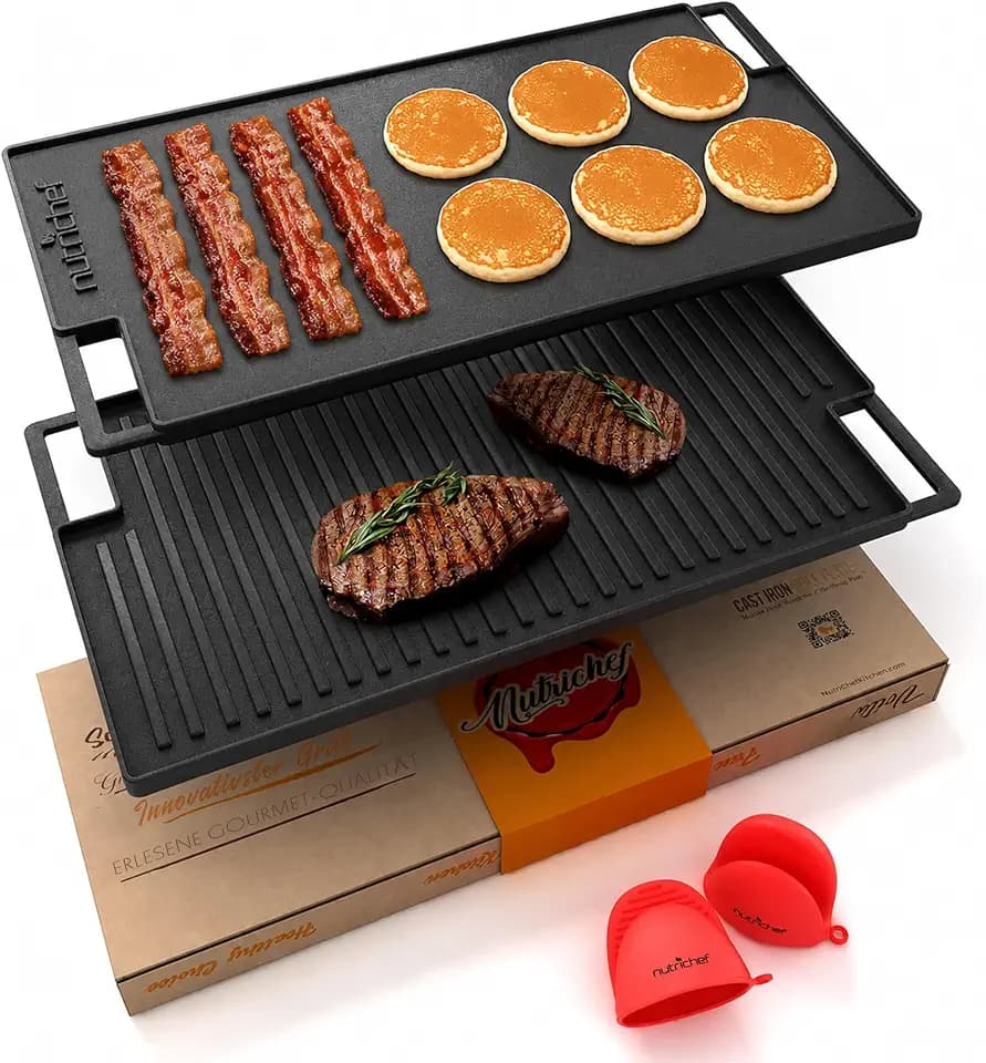 NutriChef Gusseisen Grillplatte 45 x 25 cm für Induktion und Gasgrill – Wendeplatte Antihaft für Steak, BBQ, Teppanyaki, geeignet für Herd Ofen mit Seitengriffen