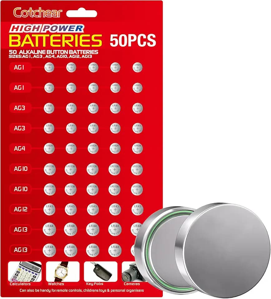 50pcs Alkaline Cell Batteries Assorted 1.5 Volt AG1/LR621 AG3/LR41 AG4/LR626 AG10/LR1130 AG12/LR43 AG13/LR44 Coin Batteries Set 0% Mercury