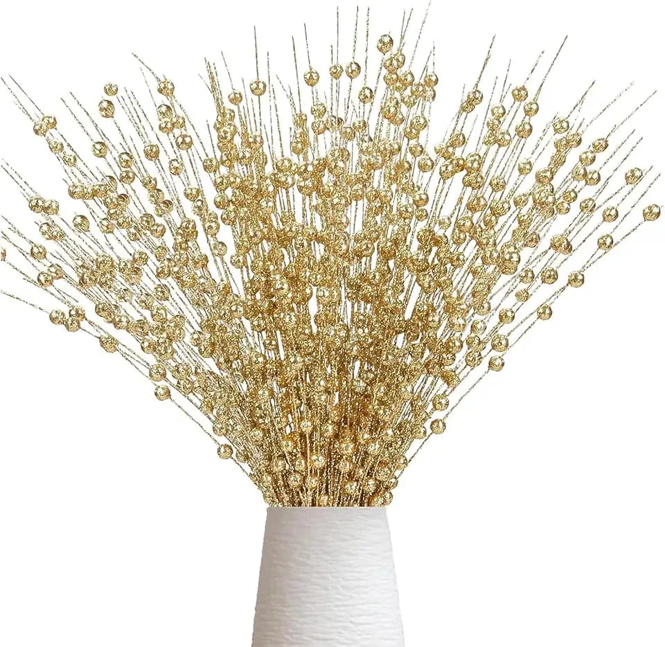 Christmas Artificial Glitter Holly Berry Stem,12Pcs Fake Christmas Gold Berries Branches Twigs 16 in Holly Berries Stem Picks for Christmas Tree Floral Arrangements Vase Home Decor