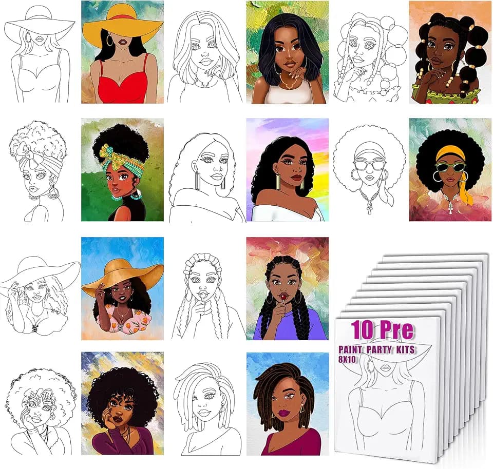 Pre Drawn for Painting for Adults 10 Pack 8X10 Without Frame Sip and Paint Canvas,Drawn Canvas for Painting for Adults,Sip and Paint for Adult's Date Night