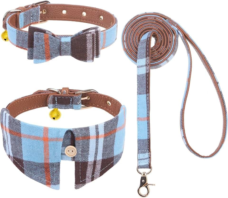 EXPAWLORER Hundeleine und verstellbares Halsband mit Fliege, klassisches Karo, 360 Grad drehbare Leine, für kleine und mittelgroße Hunde und Katzen, Himmelblau, Größe S