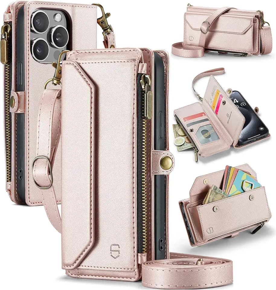 Strapurs for iPhone 15 Pro - Zipper Strap Wallet Case for Women, Rose Gold