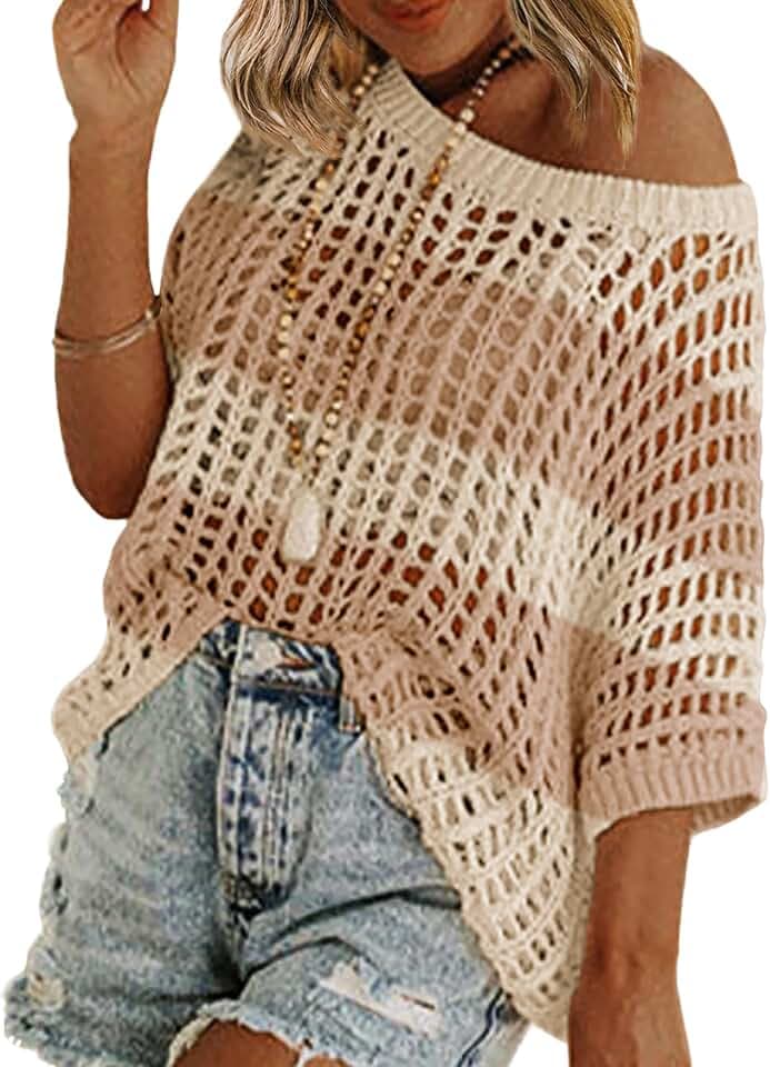 Zeagoo Short Sleeve Crochet Sweater Lightweight Summer Tops Beach Cover Ups