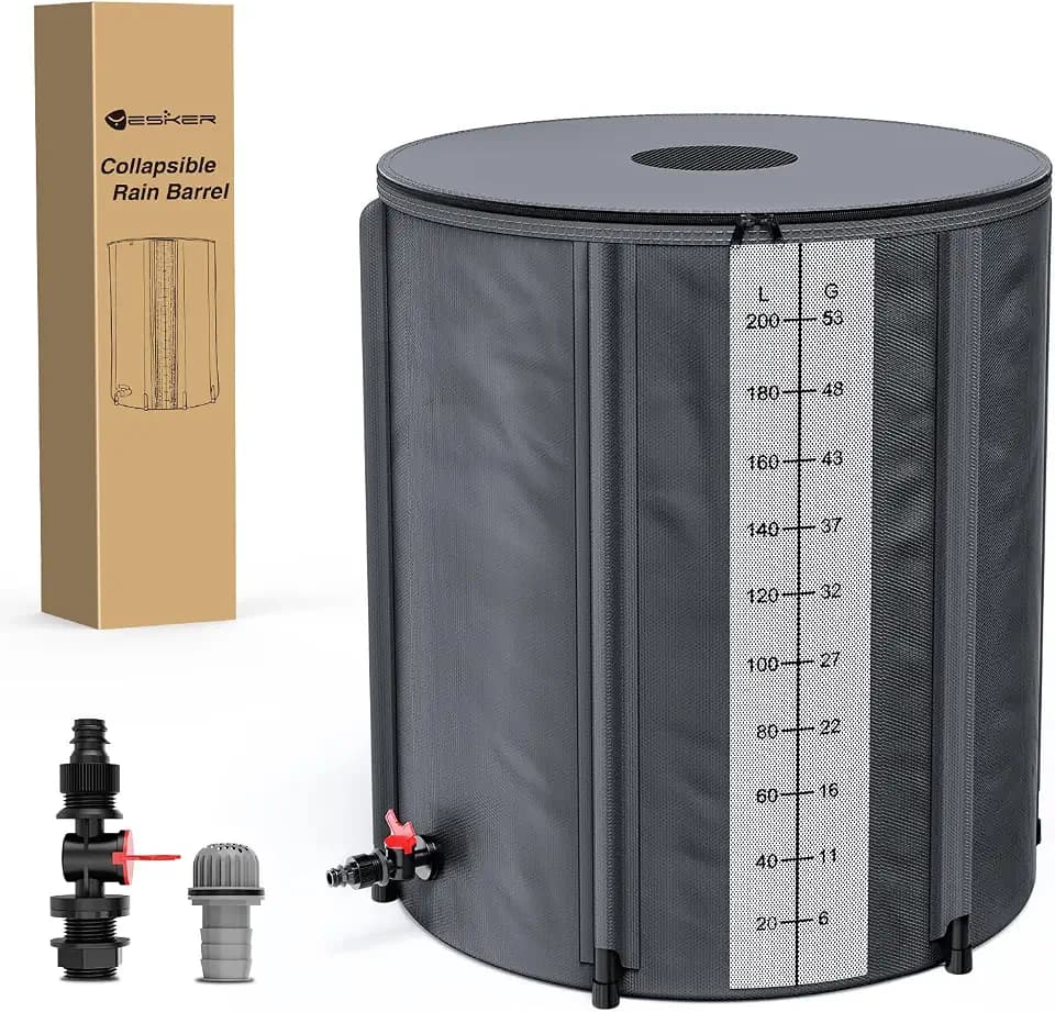 Yesker Collapsible Rain Barrel, 53 Gallon Portable Rainwater Collection System, 550D PVC Water Storage Tank, Rain Catcher with Spigots Filter Overflow Kit, Grey