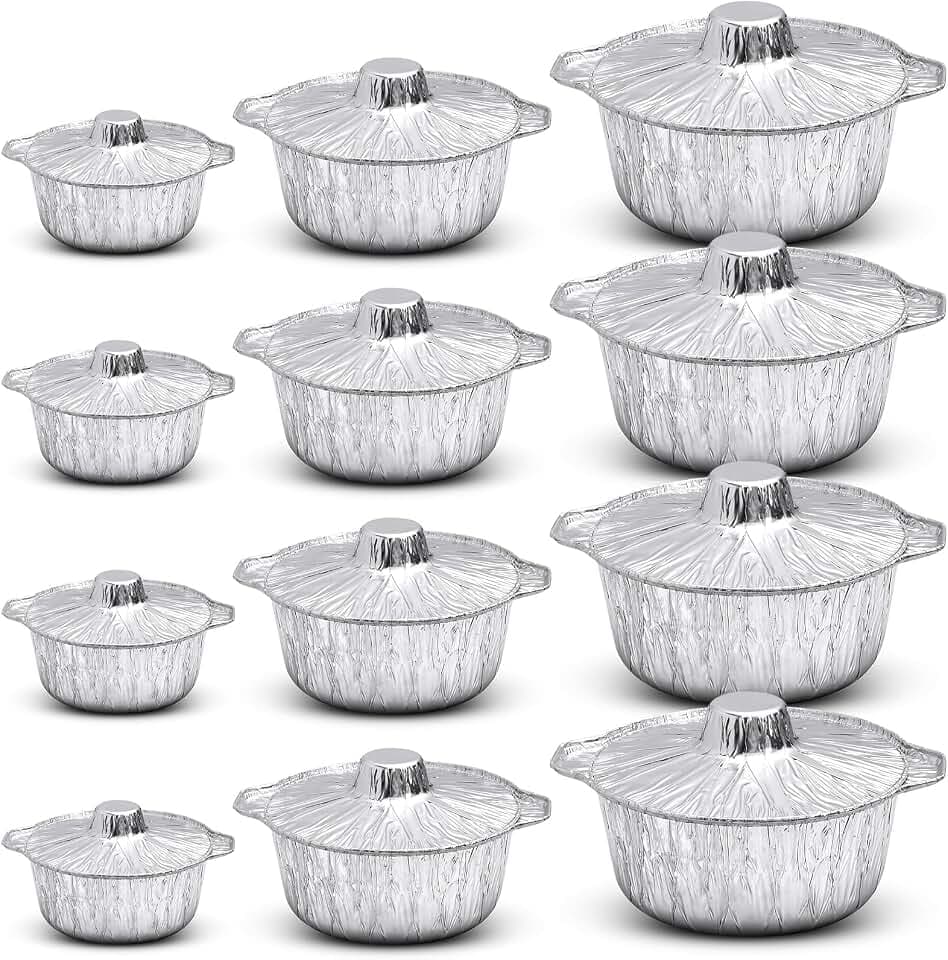 Ziliny Disposable Aluminum Pot with Lid Round Foil Pans Disposable Cookware Food Container for Vacation Trips Camping Baking Heating Cooking(12 Pcs,33.8, 67.6, 121.7 oz)