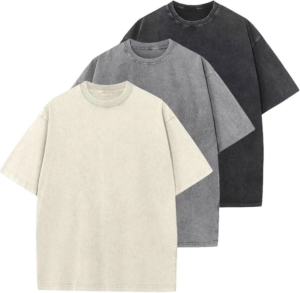 3er-Pack Herren-T-Shirt, übergroß, Vintage-Stil, schwere Baumwolle, Unisex, lockere Passform, Acid Wash-T-Shirt