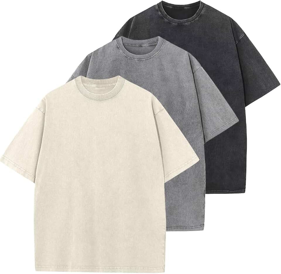 3er-Pack Herren-T-Shirt, übergroß, Vintage-Stil, schwere Baumwolle, Unisex, lockere Passform, Acid Wash-T-Shirt