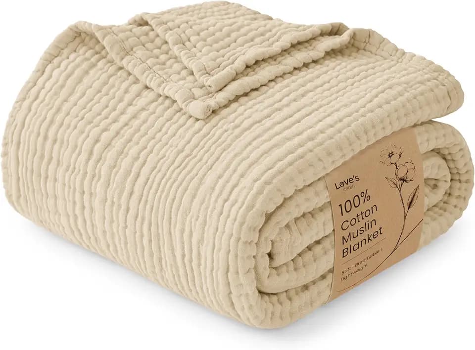 Love's cabin 100% Cotton Muslin Blanket, 6 Layer Lightweight Breathable Gauze Twin Size Blanket 60 x 80 Inches, Soft Summer Blanket for Bed or Couch, Khaki