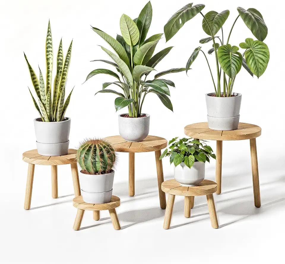 Delma Wood Plant Stands 5-Pack Indoor, Plant Stool, Light Brown