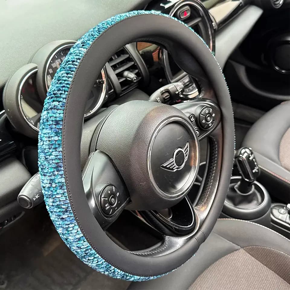 PINCTROT Chenille Leather Steering Wheel Cover 15 Inch (Mottled Blue)