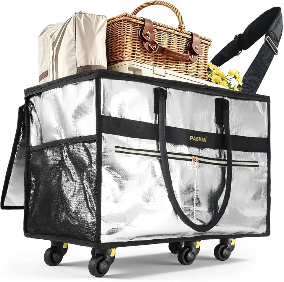 PASMAN Reusable Rolling Grocery Bag on Wheels-6-Wheel Foldable Tote Large