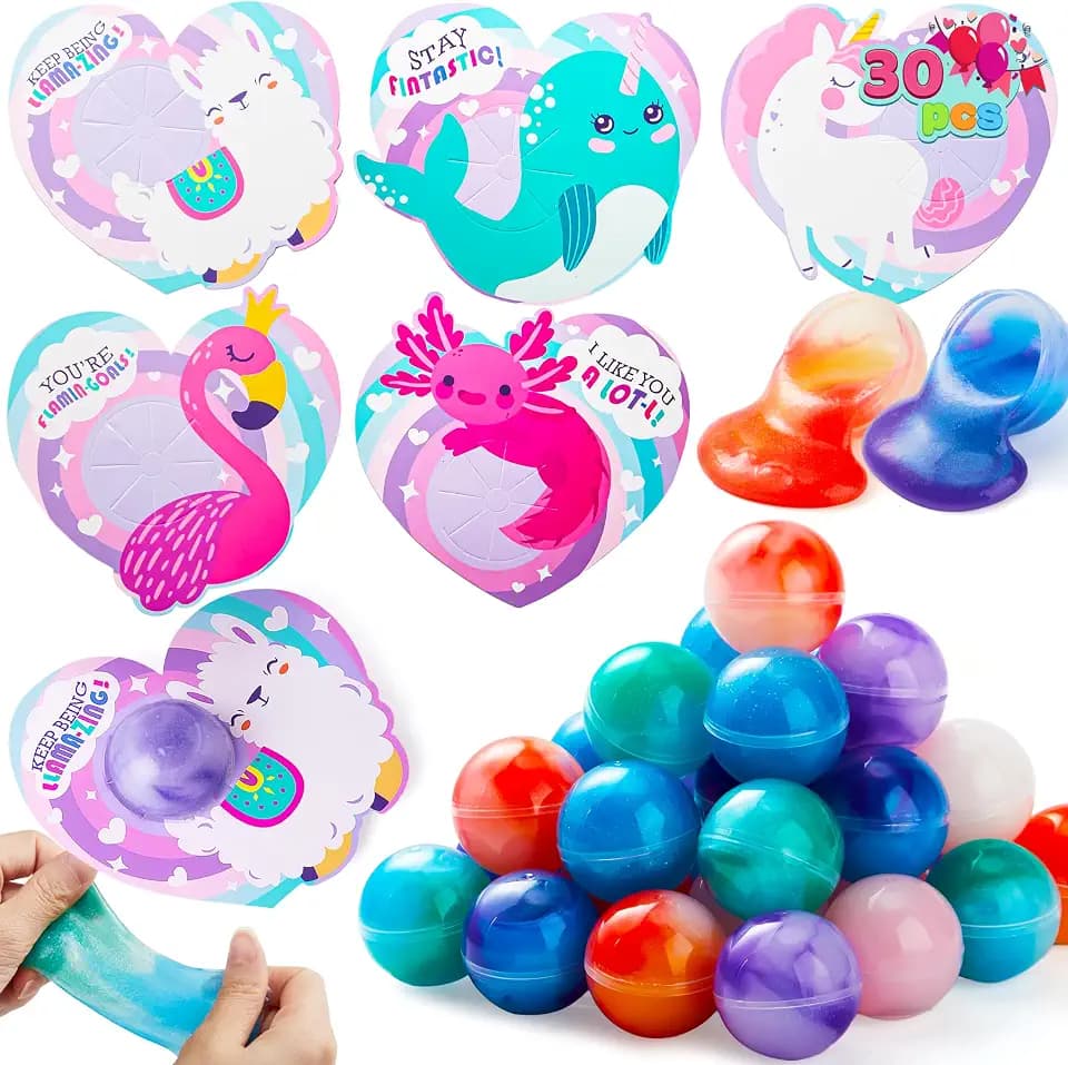 JOYIN 30 Packs Valentine’s Day Gift Cards with Rainbow Slime Stress Relief Stress Toy for Classroom Exchange Prizes, Valentine Party Favors, Classroom Exchange Gifts