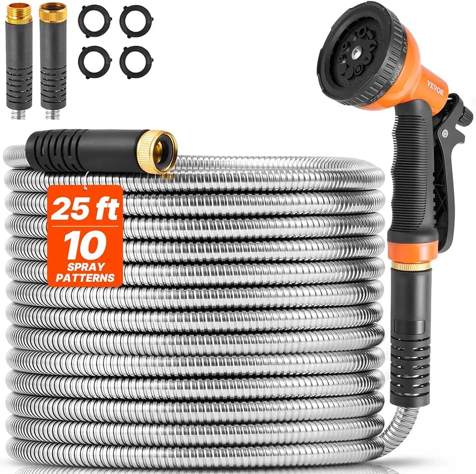 VEVOR Metal Garden Hose 25ft, Stainless Steel No-Kink Water Hose