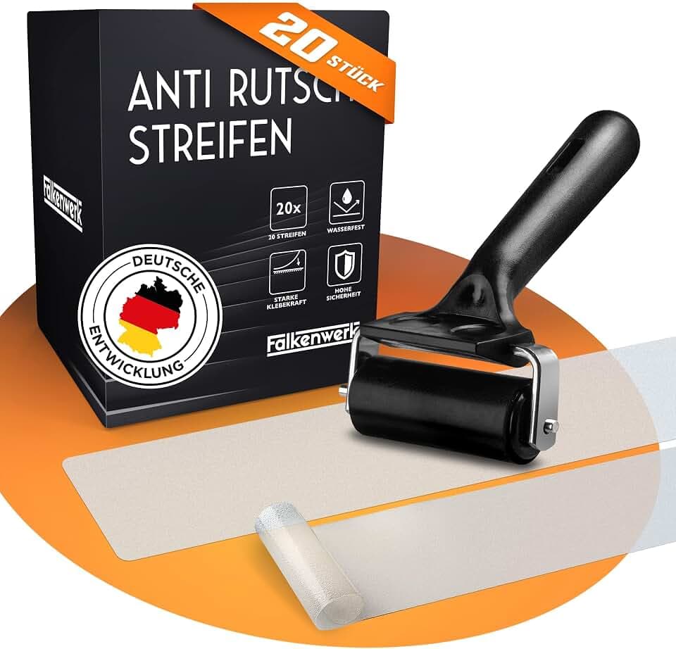 FALKENWERK Antirutschstreifen für Treppen [20 Stück] - Selbstklebende & Transparente Anti Rutsch Streifen [12x75 cm] - Wasserfeste Antirutsch Treppe - Treppen Rutschschutz mit Spachtelroller