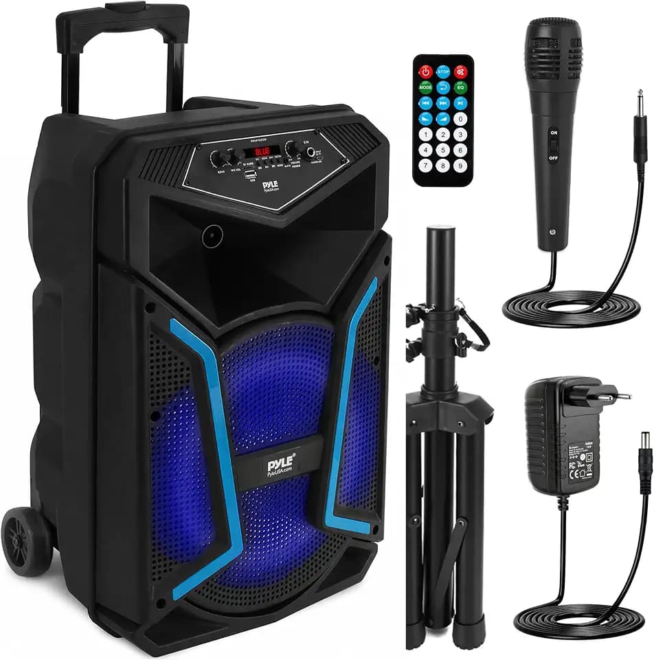 Pyle Partybox Bluetooth 12 Zoll 800W Lautsprecher – Leistungsstarke PA Anlage mit Akku, Mikrofon, LED Lichteffekte, USB, AUX, FM Radio, Rollen & Teleskopgriff