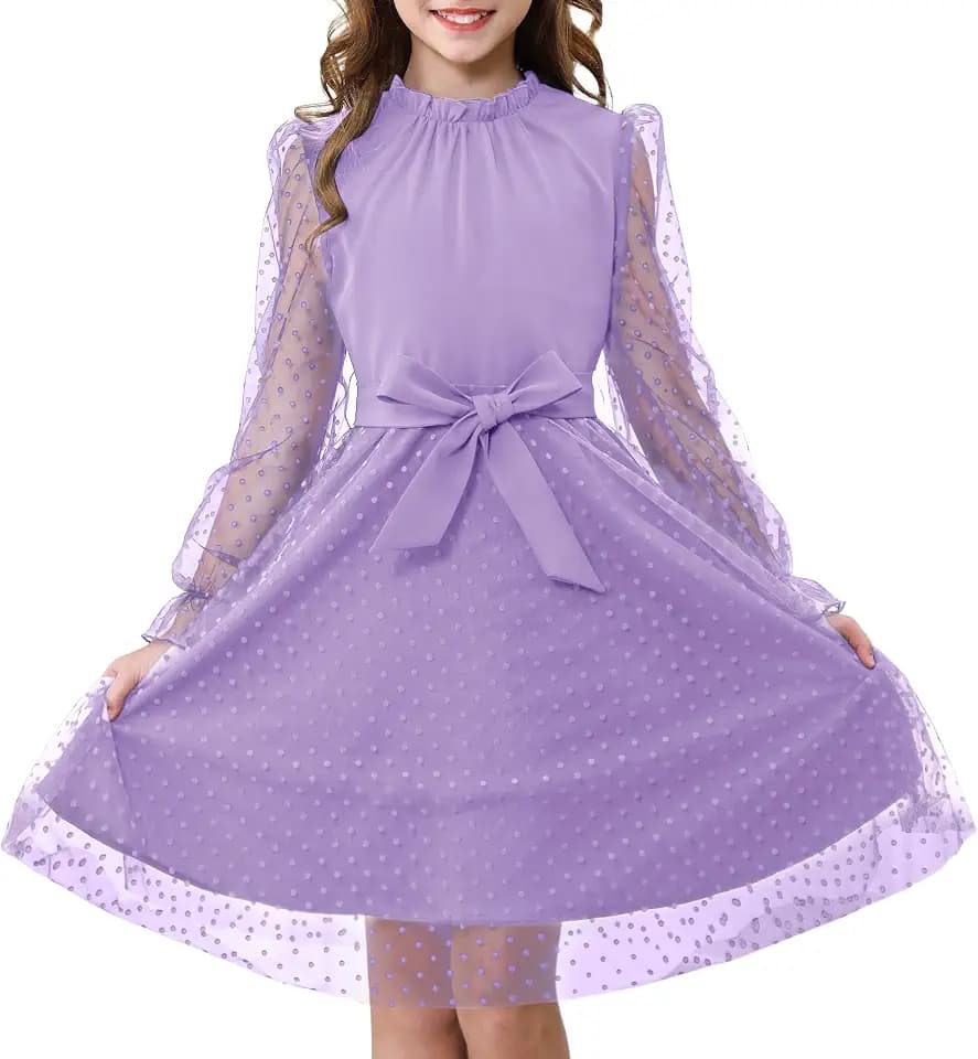 Rolanko Mädchen Puff Langarmkleid, Hohe Taille mit Gürtel A-Linien Rüschenkragen Kontrast Mesh Prinzessin Party Tüllkleid