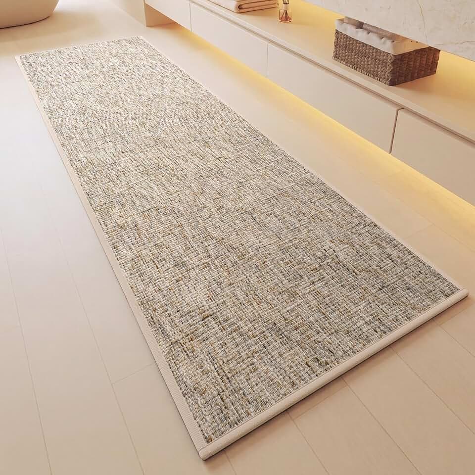 Badteppich rutschfest Waschbar 45x150cm, Badematte mit Gummi, Mehrfarbige gewebte Badezimmerteppich, Super Saugfähige Badvorleger, Bath Mat für Dusche,Badewanne und Toilette, Beige