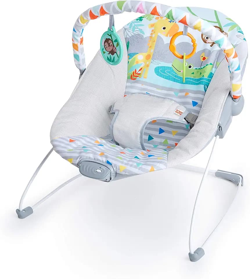 Bright Starts, Babywippe Babyschaukel Safari Fun mit Beruhigenden Vibrationen, Spielbogen mit 2 Spielzeugen, 3-Punkte-Gurt Sitz, Maschinenwaschbares Sitzpolster, ab der Geburt bis 9kg