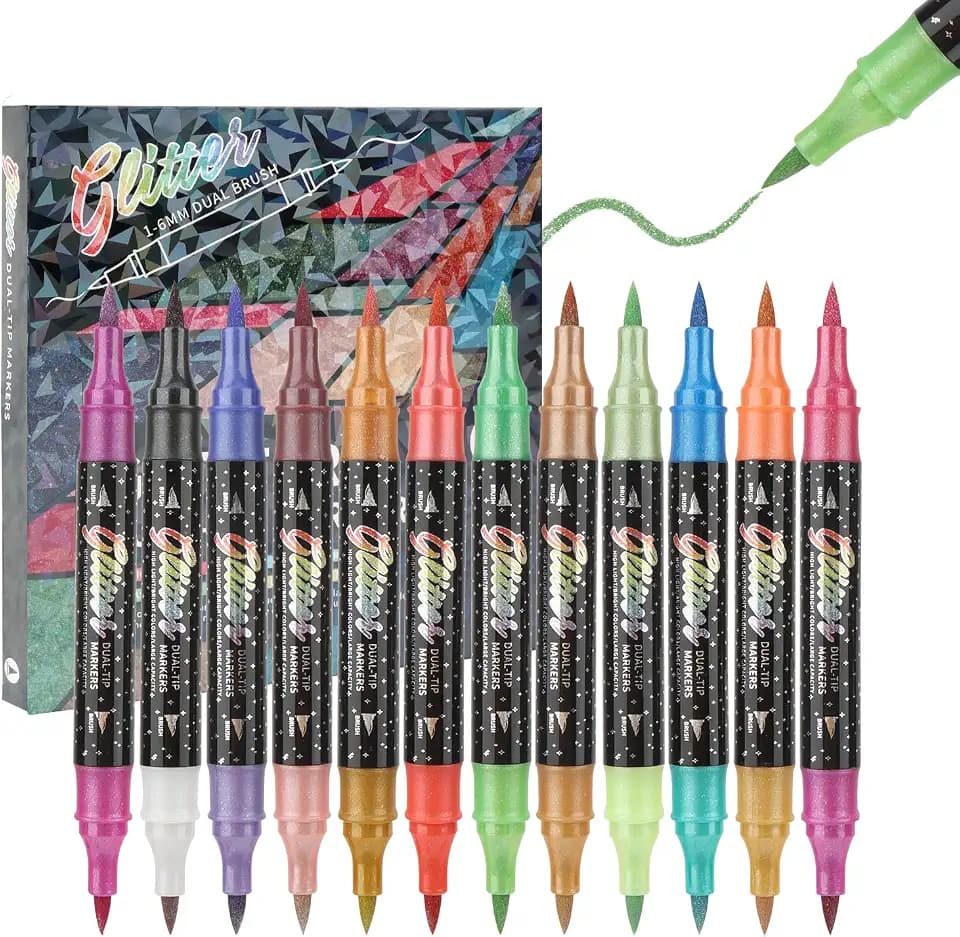 Glitzer Marker Dual-Tip 24 Farben (12 Stücke) – Brush Tip 1-6mm, Leuchtende Glitzer-Optik & Schnell Trocknend, Für DIY Bastelprojekte & Kreatives Malen, Ideal für Kinder und Erwachsene