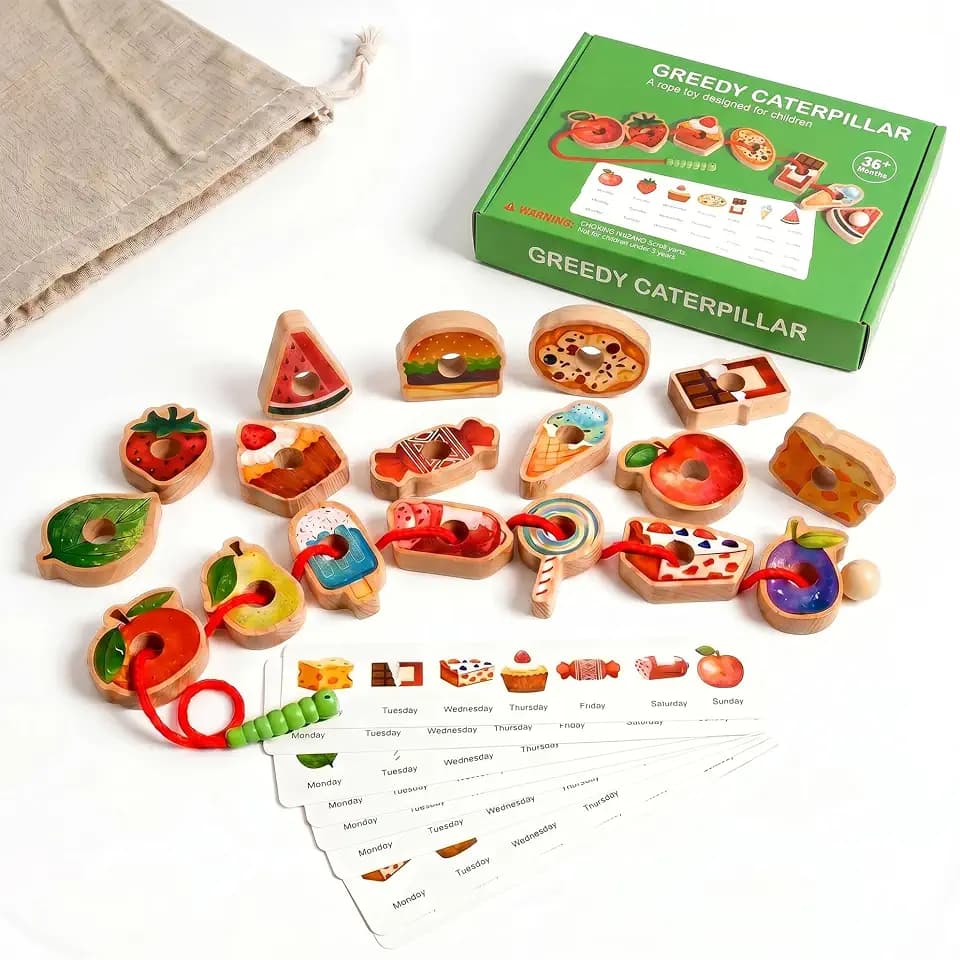 Wooden Caterpillar Lacing Toy, Fine Motor Skills Toy for Toddlers