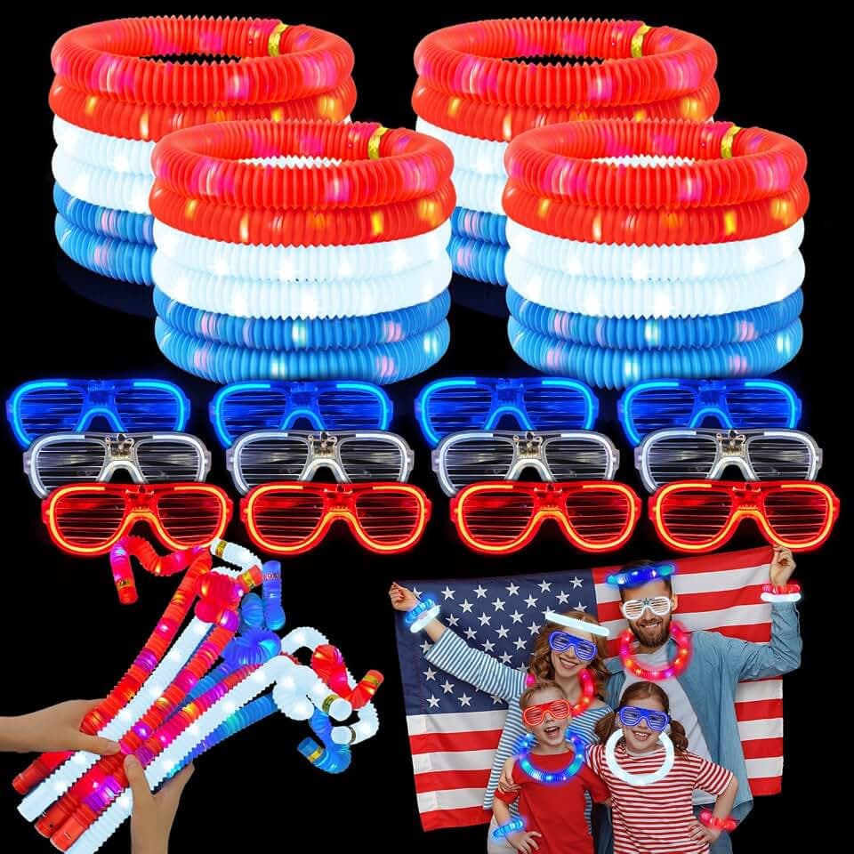 Fourth of July Party Favor Supplies for Kids 24 PCS, 4th of July Red White Blue Glow Sticks & Glasses for Toddler, Light up Necklace Bracelet Accessories Decoration Stuff for Memorial Day,Parade Throw
