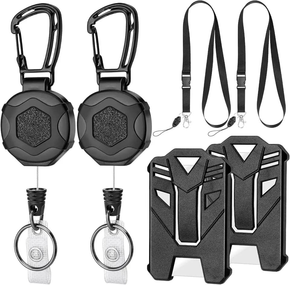 2 Ausweishalter Ausziehbar mit Stahlseil, 2 Lanyards, 2 Kartenhüllen