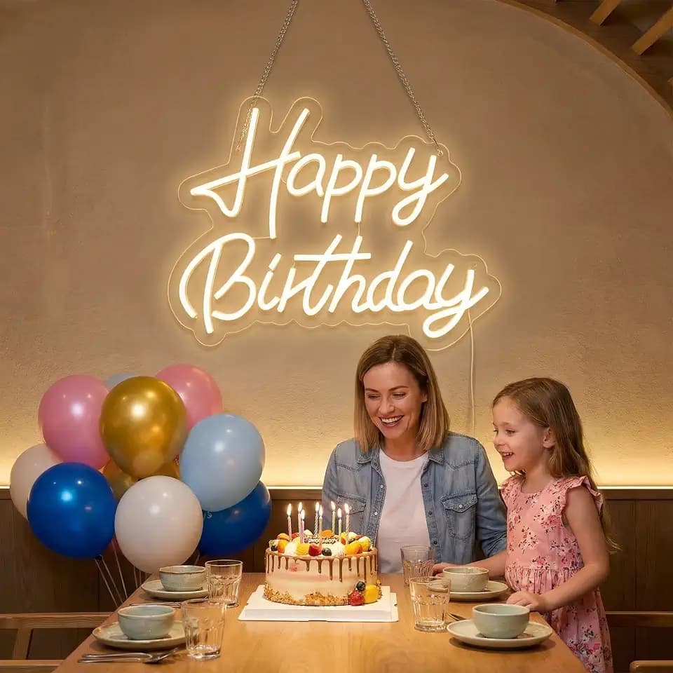 Happy Birthday Neon Sign for Wall Decor, LED Happy Birthday Light Up Sign, USB Powered Dimmable Neon Light for Birthday Party Decorations Backdrop, Warm White