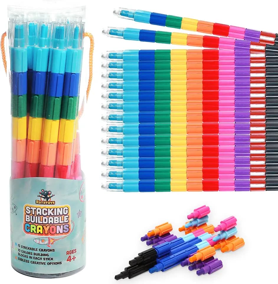 Stacking Crayons, 15 pc Set, Buildable and Stackable for Drawing, Coloring, or Arts and Crafts, Large Preschool Friendly Connect Pieces, Party Favor and Classroom Fun