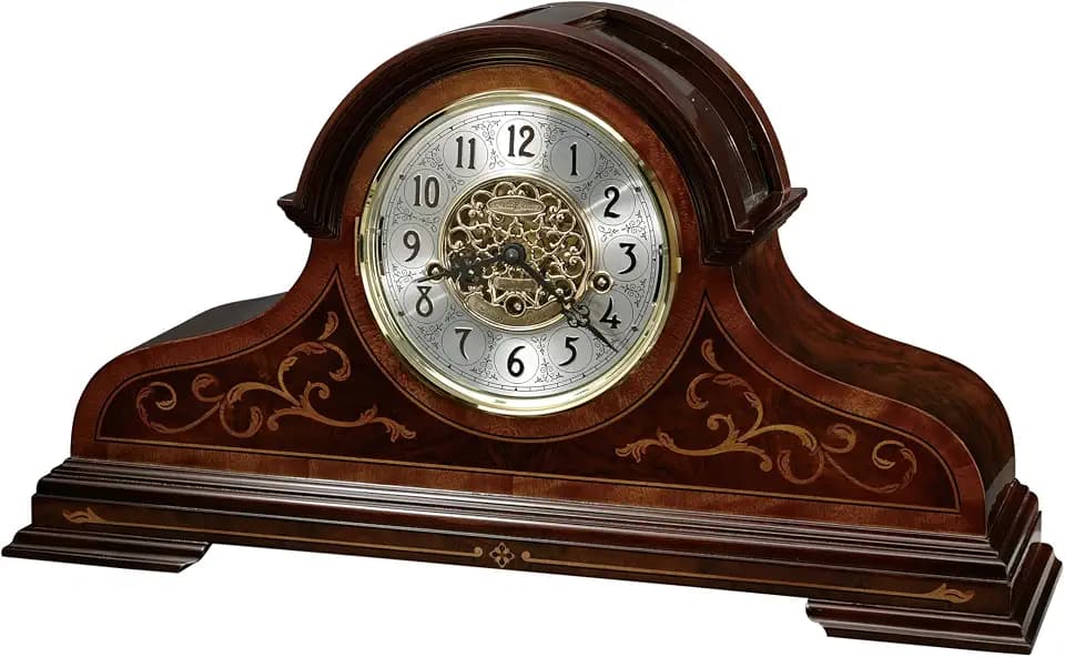 Howard Miller Bradley Mantel Clock - Key Wound Triple Chime Movement with Pierced Brass Dial, Beveled Glass Panels, Wooden Case with Bookmatched Wood & Brass Inlay Clock