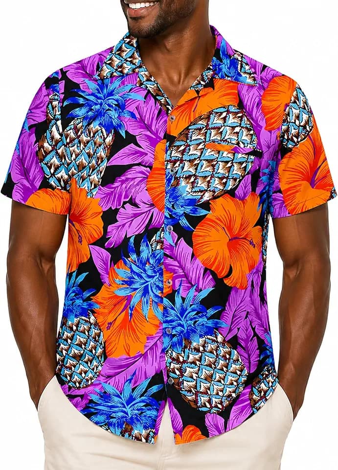 King Kameha Funky Hawaii-Hemd Herren Kurzarm Front-Tasche Stylish Tropisch Strand Urlaub Palmen Unisex