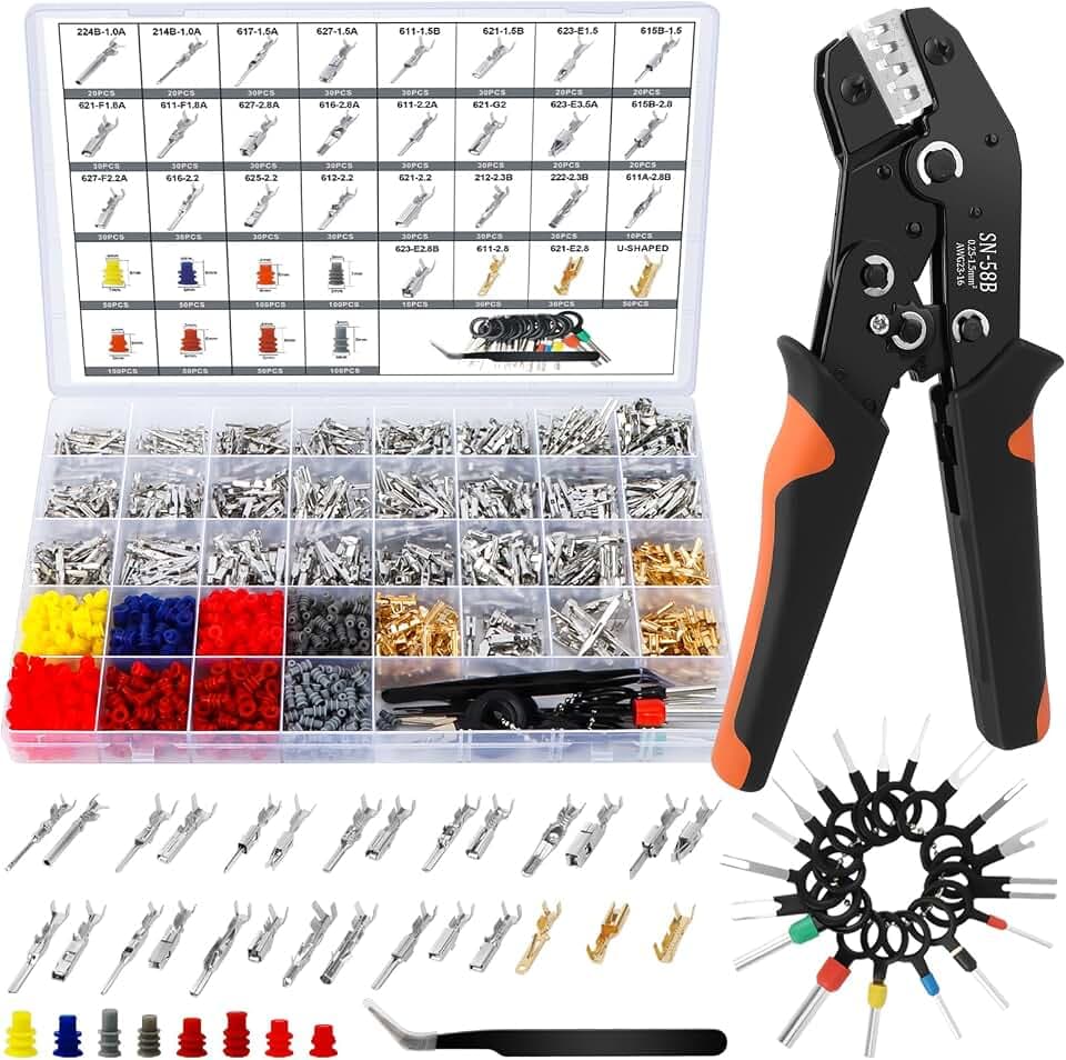 1379-teiliges Kfz Steckverbinder Pins Kit mit Crimpzange, 28 Terminal-Serien, 0,75 mm 1,0 mm 1,5 mm Pin Kontakte, Dichtstopfen, 18 Auspinwerkzeugen und Pinzette für Auto, Motorrad und Boot