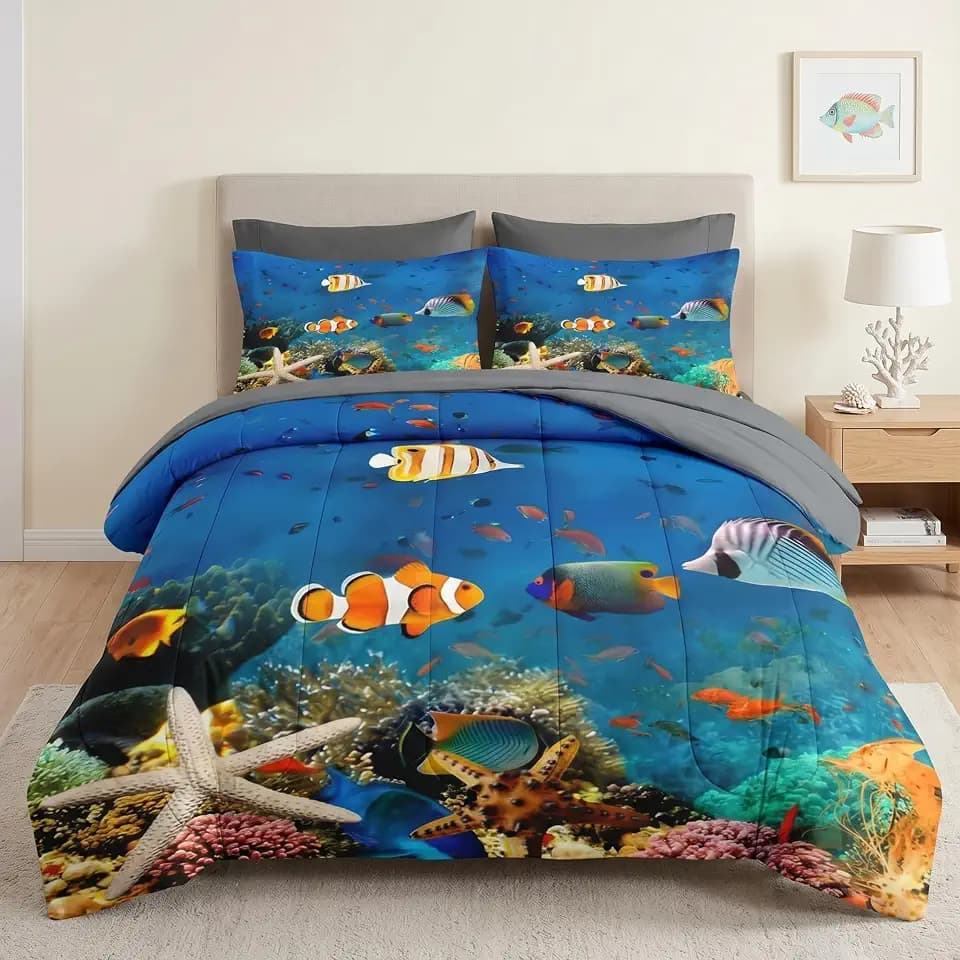 Nesker Queen Comforter Set with Sheets, 7 Pieces Underwater Sea Bedding