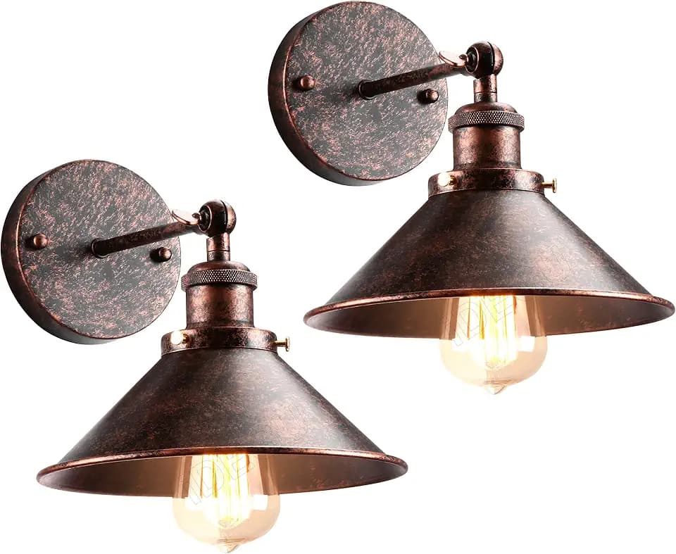 iDEGU 2 Stück Wandleuchte Industrielle Vintage Wandlampe Deckenleuchte Edison-Stil Metall Retro Lampe mit 180° Drehung E27 Fassung Lampe für Wohnzimmer Küche Flur, 22 cm Lampenschirm (Rost)