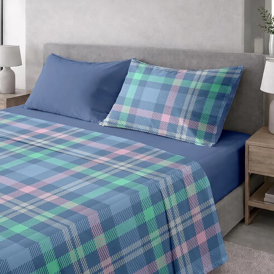 Ruggeri Bettwäsche-Set für Doppelbett, Mikrofaser, Tartanblau