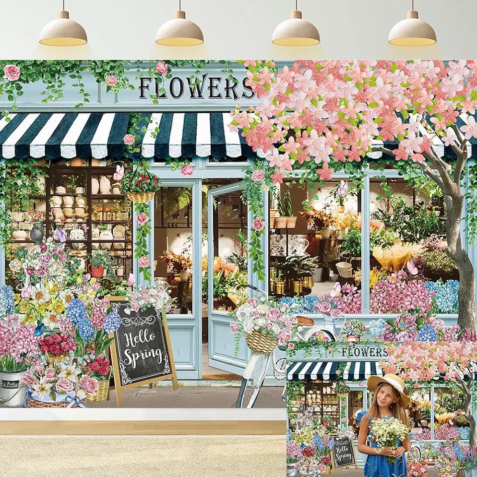 Flowers Shop Backdrop for Photography 7x5FT Spring Florals Butterfly Tea Party Background Hello Spring Banner Decorations Supplies Photo Props