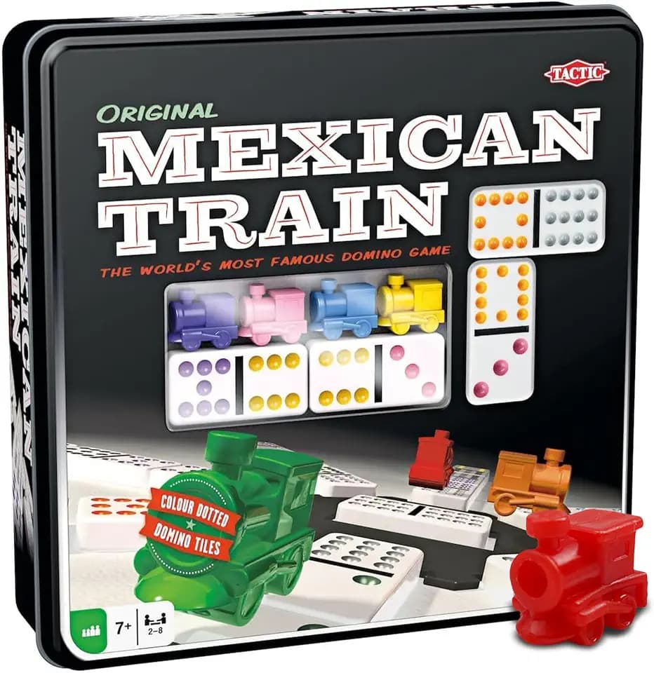 Tactic Mexican Train Domino Spiel - 2–8 Spieler - Kinder und Erwachsene - perfekt für Spieleabende und die Gemeinschaft - Dominosteine ​​und lustige Eisenbahnfiguren