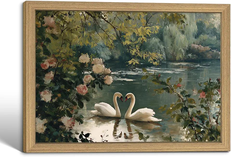 Vintage Floral Canvas Wall Art Framed Heart Swan Artwork 24x16 Inch